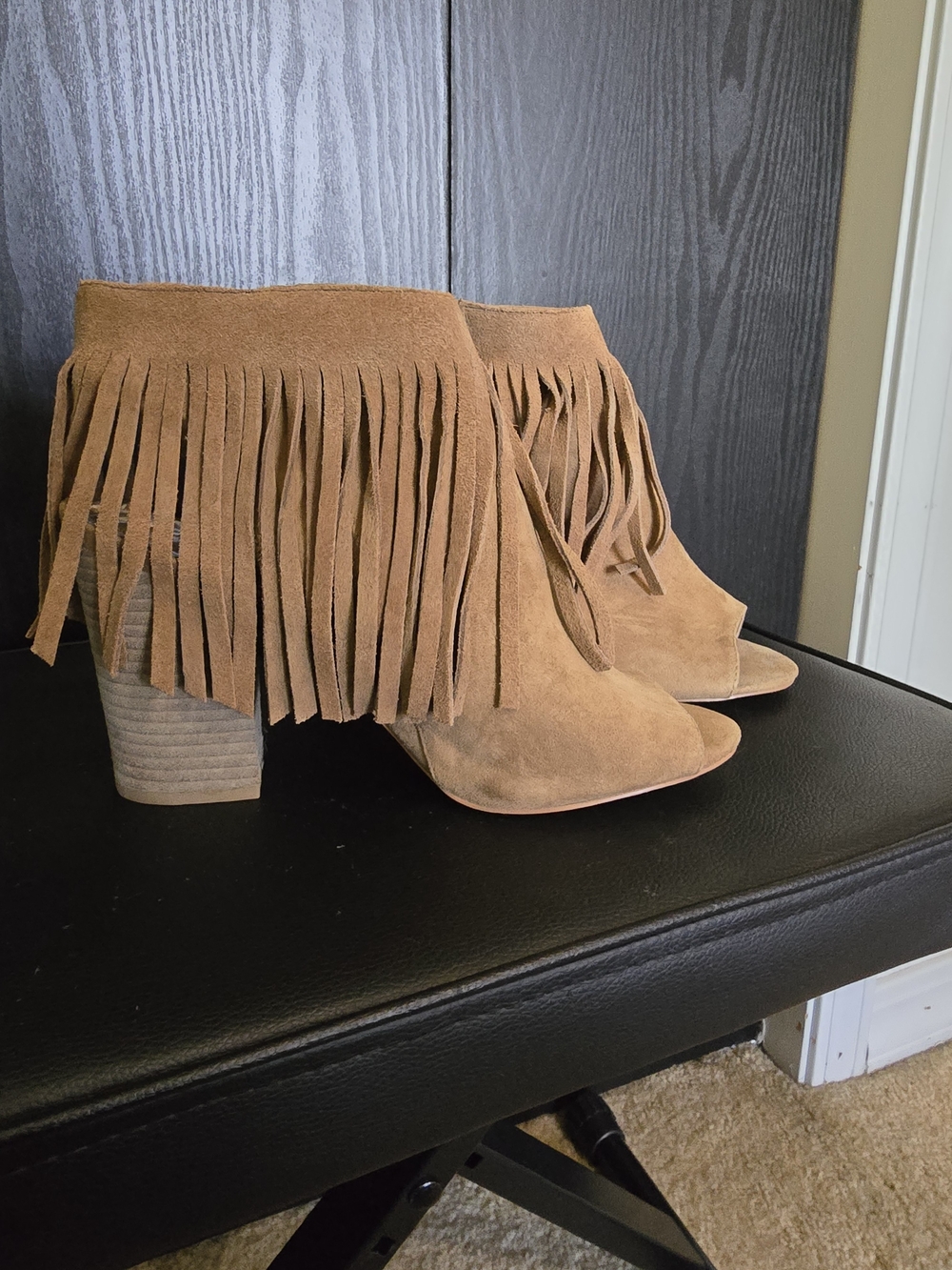 Suede Fringe Open-Toe Ankle Boots - Tan